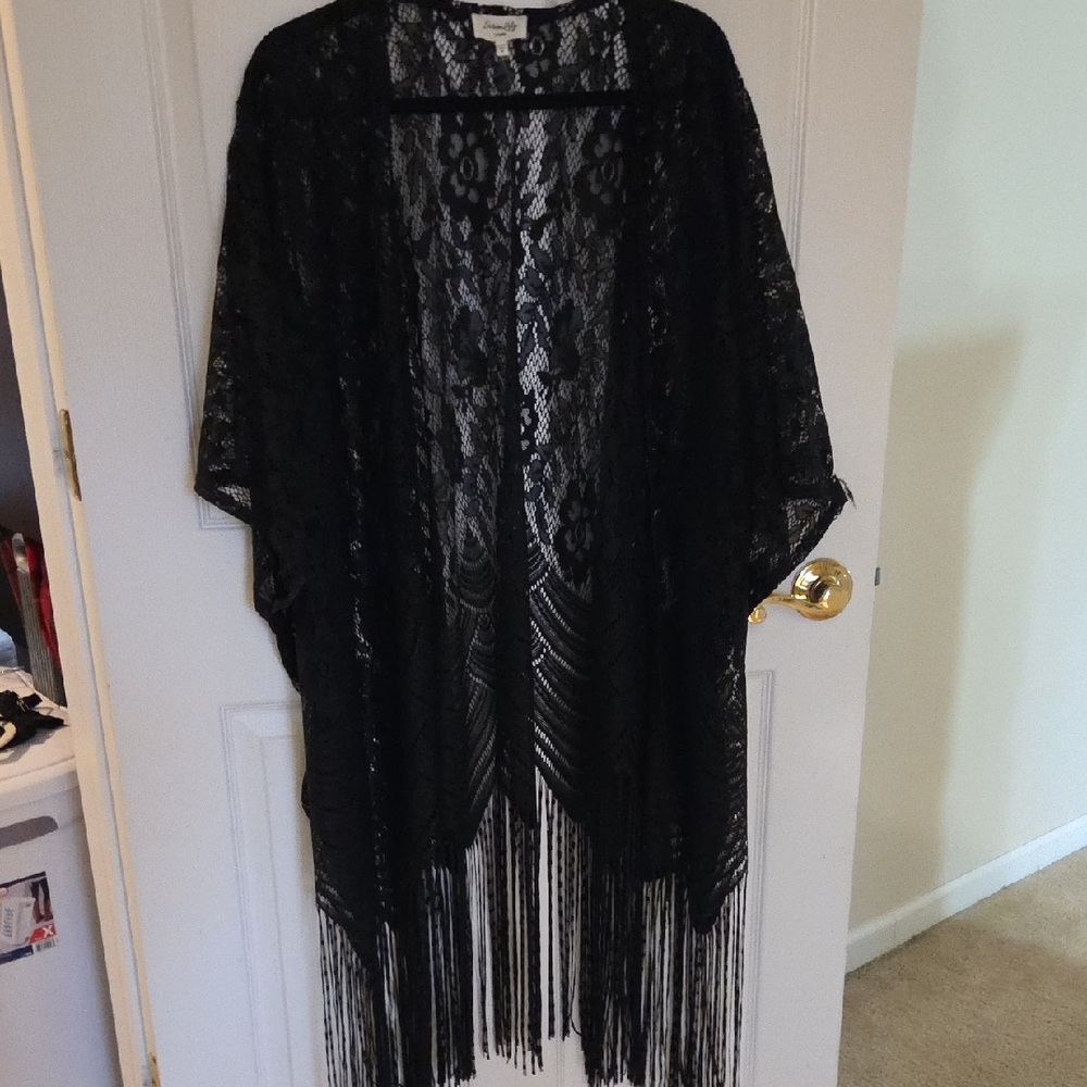 Siren Lily Black Lace Fringe Kimono Cover-Up/ Robe